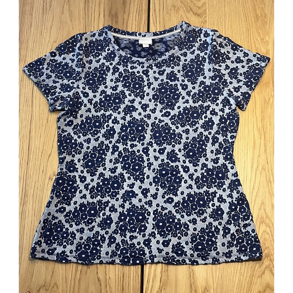 Anthropologie‎ Floral Print Tee Large Blue White Cottagecore Short Sleeve